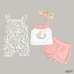 Sunnozy 4Pc Cotton Summer Baby Set (1x Bodysuit, 1x Vest, 1x Short, 1x Headband)