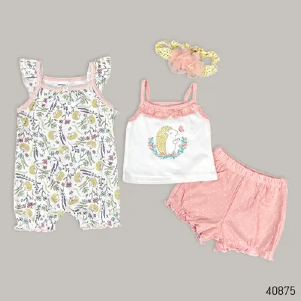 Sunnozy 4Pc Cotton Summer Baby Set (1x Bodysuit, 1x Vest, 1x Short, 1x Headband)